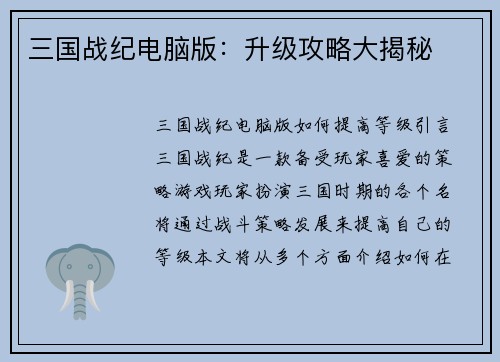 三国战纪电脑版：升级攻略大揭秘